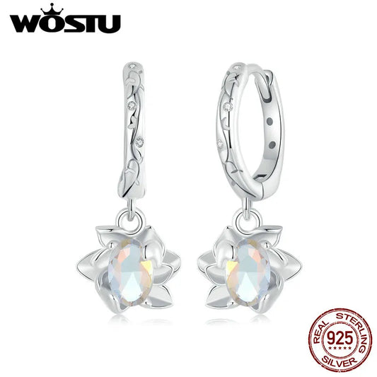 WOTSU Rainbow Crystal Lotus Drop Earrings in S925 Sterling Silver, Plated with White Gold