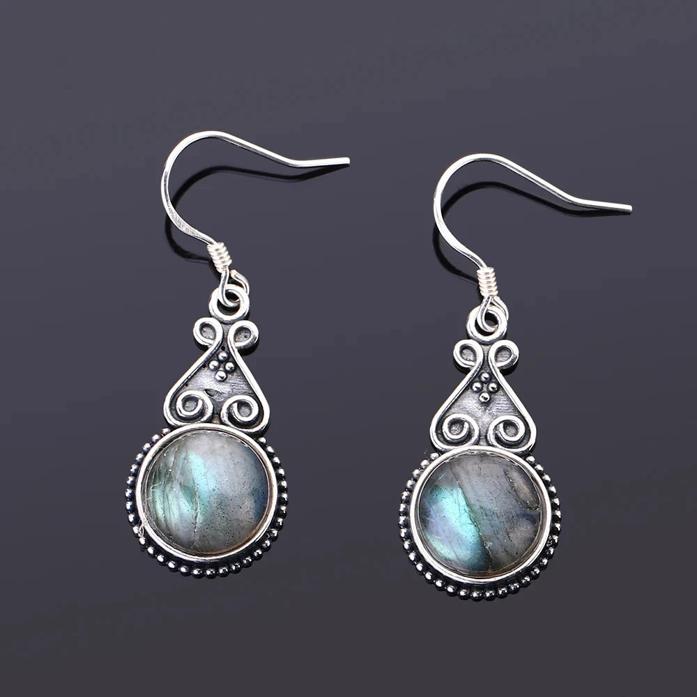S925 Silver Drop Earring 10MM Labradorite Multicolor Pendant Earrings Engagement Wedding Women Fine Jewelry