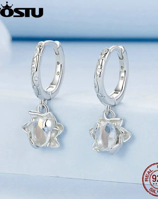 WOTSU Rainbow Crystal Lotus Drop Earrings in S925 Sterling Silver, Plated with White Gold