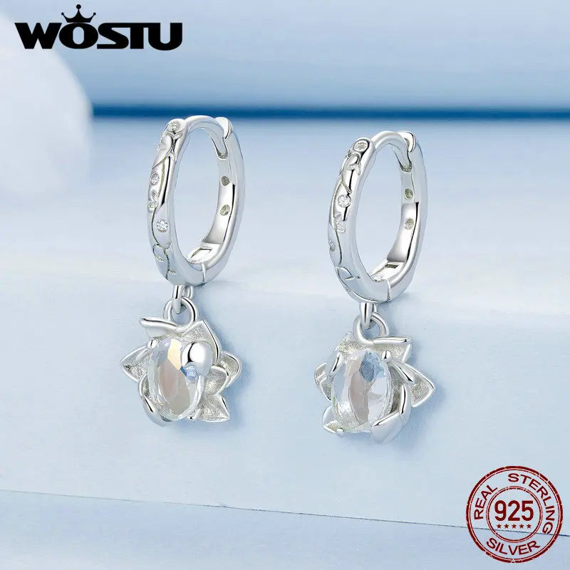 WOTSU Rainbow Crystal Lotus Drop Earrings in S925 Sterling Silver, Plated with White Gold