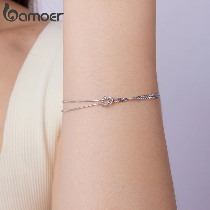 BAMOER 2 Sterling Silver Chains, Caught Together in a Lover's Knot