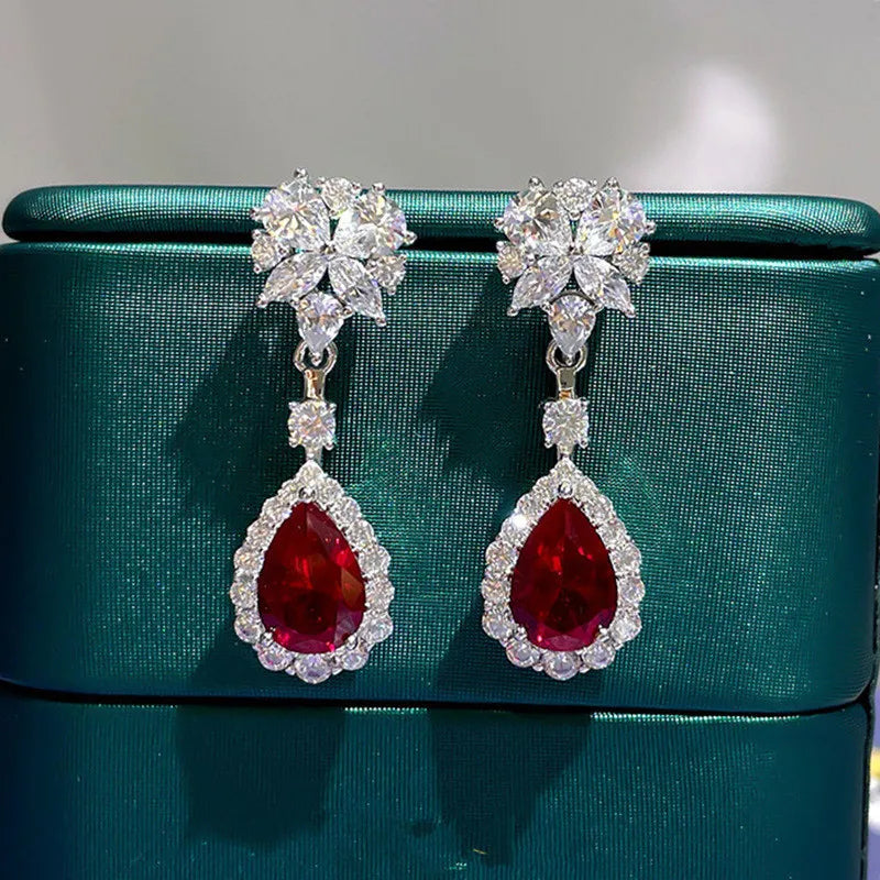 925 Silver Red Cubic Zirconia Hanging Earrings for Women Gorgeous Ear Accessories Wedding Party Aesthetic Earrings New Jewelry