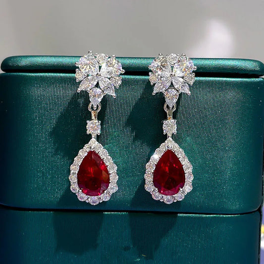 925 Silver Red Cubic Zirconia Hanging Earrings for Women Gorgeous Ear Accessories Wedding Party Aesthetic Earrings New Jewelry