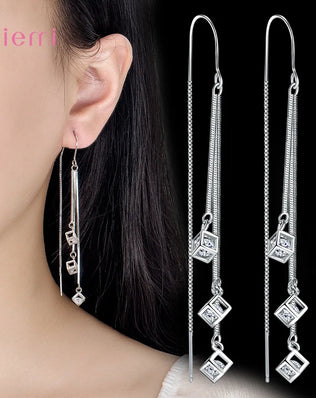 925 Sterling Silver Jewelry New Fashion Hot Sale Square Cube Cubic Zircon Stone Tassel Pendientes Earrings for Women Girls
