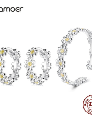 Bamoer 925 Sterling Silver Daisy Jewellery Set, Open Ring & Hoop Huggies Earrings