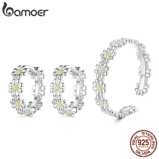 Bamoer 925 Sterling Silver Daisy Jewellery Set, Open Ring & Hoop Huggies Earrings