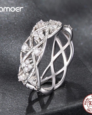 BAMOER 925 Sterling Silver Ring, With Tiny Moissanite 4-Leaved-Clovers, White Gold Plated, Vintage Style