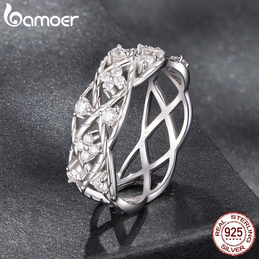 BAMOER 925 Sterling Silver Ring, With Tiny Moissanite 4-Leaved-Clovers, White Gold Plated, Vintage Style