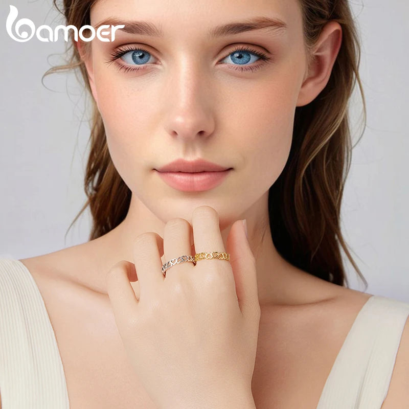 BAMOER 925 Sterling Silver Heart Ring, With or Without Gold Plating. Minimalist, Adjustable and Stackable