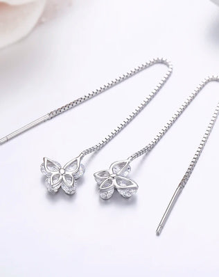 Cute 925 Sterling Silver Rose Gold Color CZ Butterfly Theader Through Chain Tassels Drop Dangle Earrings For Women Girls Jewelry