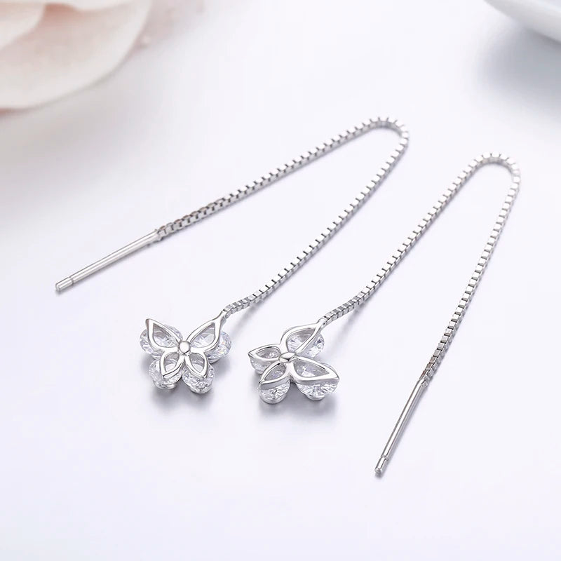 Cute 925 Sterling Silver Rose Gold Color CZ Butterfly Theader Through Chain Tassels Drop Dangle Earrings For Women Girls Jewelry