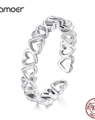 BAMOER 925 Sterling Silver Heart Ring, With or Without Gold Plating. Minimalist, Adjustable and Stackable