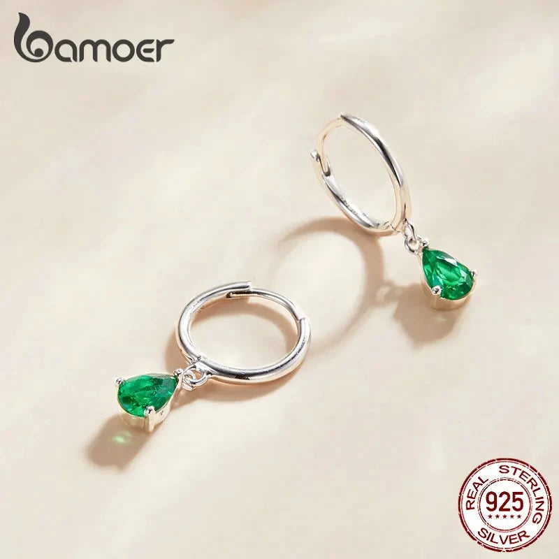 BAMOER Silver ISHWAR Green Water Drop Earrings 925 Sterling Silver 4 Colors Drop Shape Earring for Women Statement  Jewelry