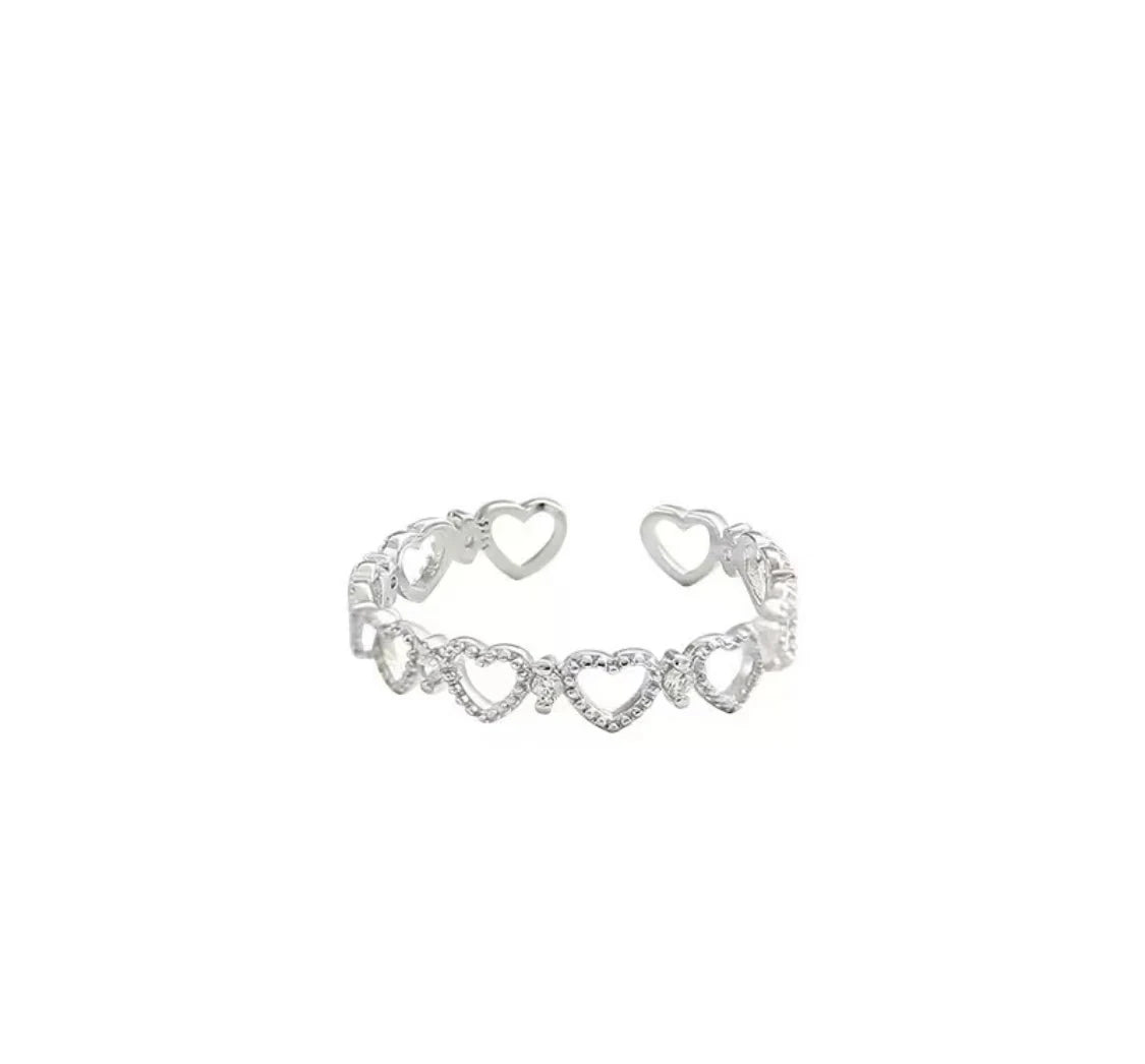 925 Sterling Silver Ring, Band with Sweet Cut-Out Hearts, Stackable and Adjustable