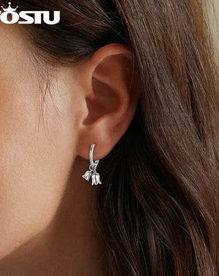 925 Sterling Silver Lily of the Valley Flower Hoop Drop Earrings