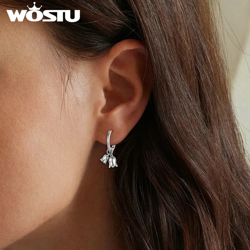 925 Sterling Silver Lily of the Valley Flower Hoop Drop Earrings