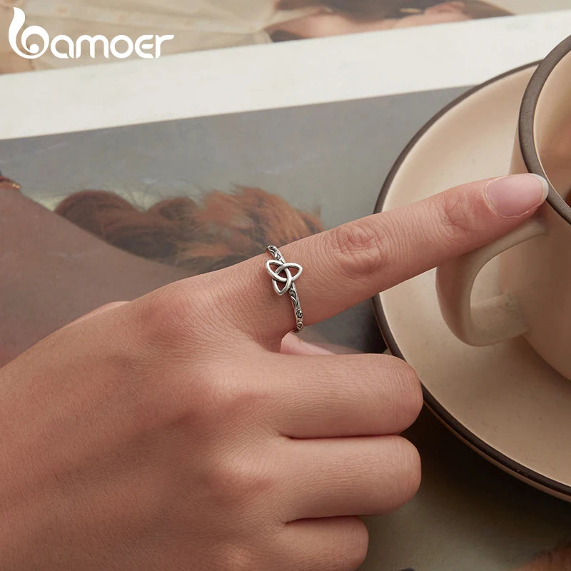 BAMOER 925 Sterling Silver Adjustable Ring, With Celtic Knot and Embossed Design on the Band