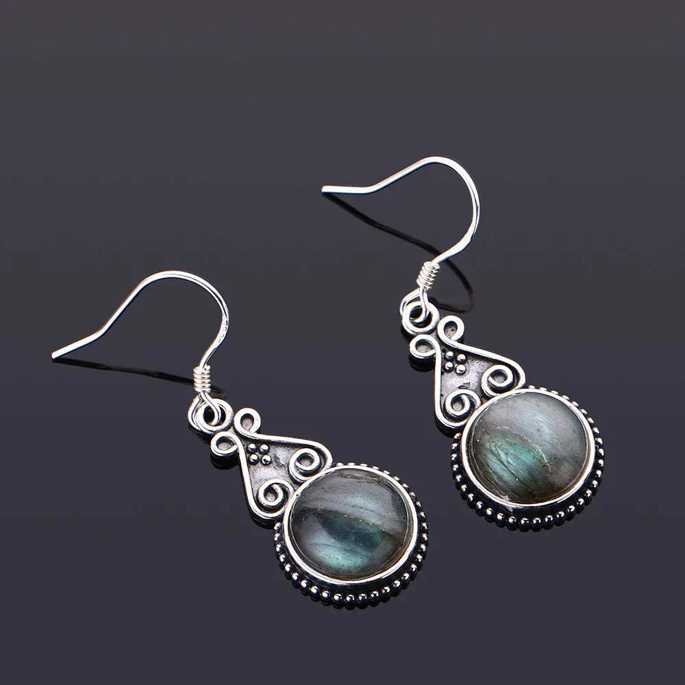 S925 Silver Drop Earring 10MM Labradorite Multicolor Pendant Earrings Engagement Wedding Women Fine Jewelry