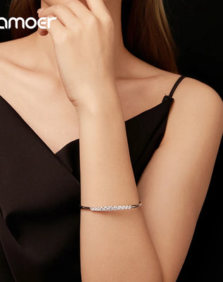 BAMOER 925 Sterling Silver Cuff Bangle, Plated with White Gold and Set with 3.6CTTW Moissanite Diamonds