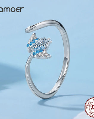 BAMOER 925 Sterling Silver Stacking Ring, With Manta Ray in CZs, Adjustable, Open Ring