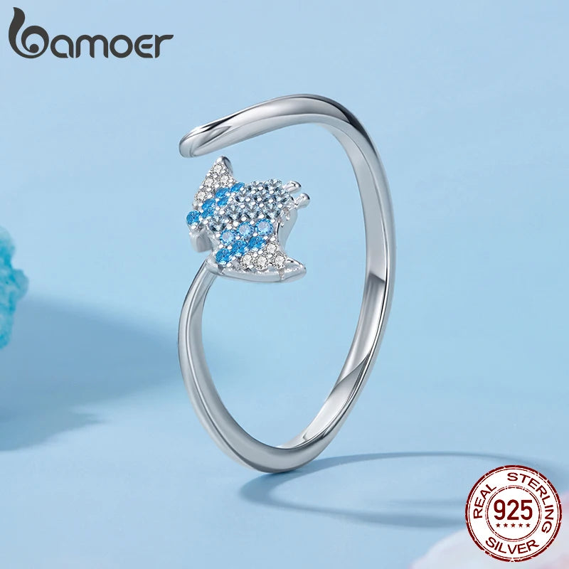 BAMOER 925 Sterling Silver Stacking Ring, With Manta Ray in CZs, Adjustable, Open Ring