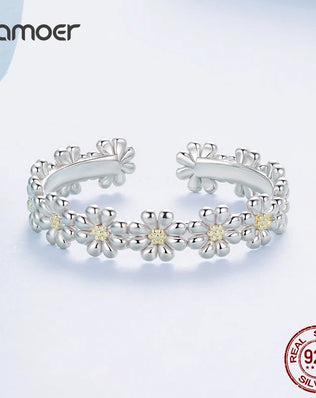 Bamoer 925 Sterling Silver Daisy Jewellery Set, Open Ring & Hoop Huggies Earrings