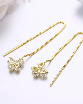 Cute 925 Sterling Silver Rose Gold Color CZ Butterfly Theader Through Chain Tassels Drop Dangle Earrings For Women Girls Jewelry
