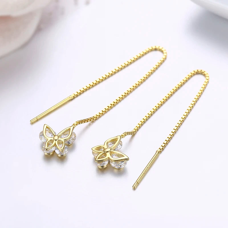 Cute 925 Sterling Silver Rose Gold Color CZ Butterfly Theader Through Chain Tassels Drop Dangle Earrings For Women Girls Jewelry