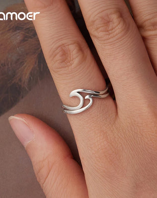 BAMOER 925 Sterling Silver Ocean Wave Curved Double-layer Ring, Minimalist Fine Jewellery