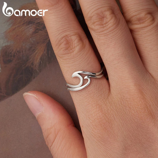 BAMOER 925 Sterling Silver Ocean Wave Curved Double-layer Ring, Minimalist Fine Jewellery
