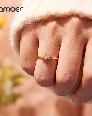 BAMOER 925 Sterling Silver, Gold Plated Ring With  Marquise Style CZ, Stackable Rings