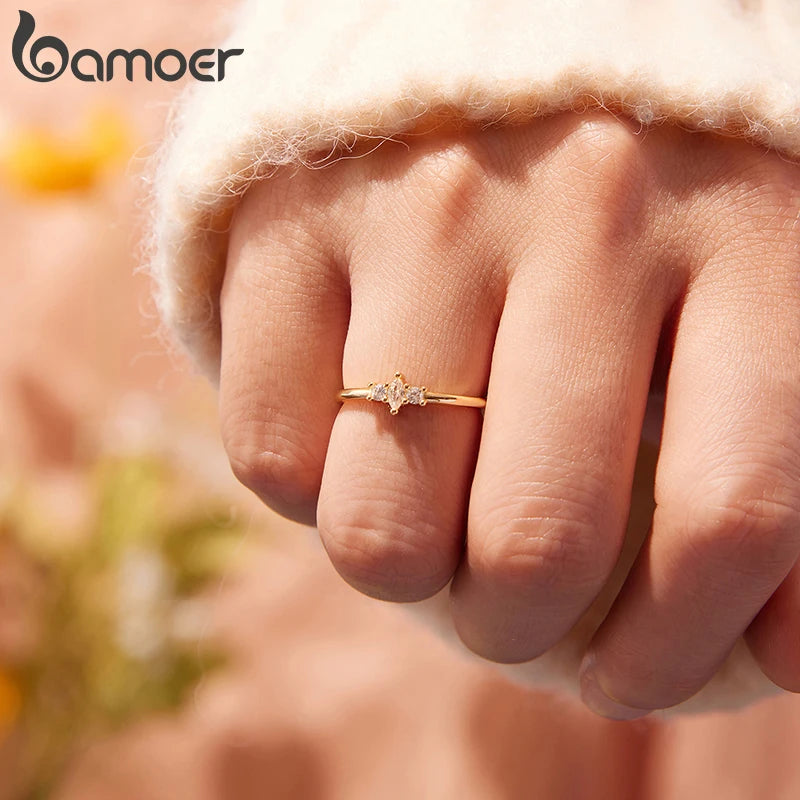 BAMOER 925 Sterling Silver, Gold Plated Ring With  Marquise Style CZ, Stackable Rings