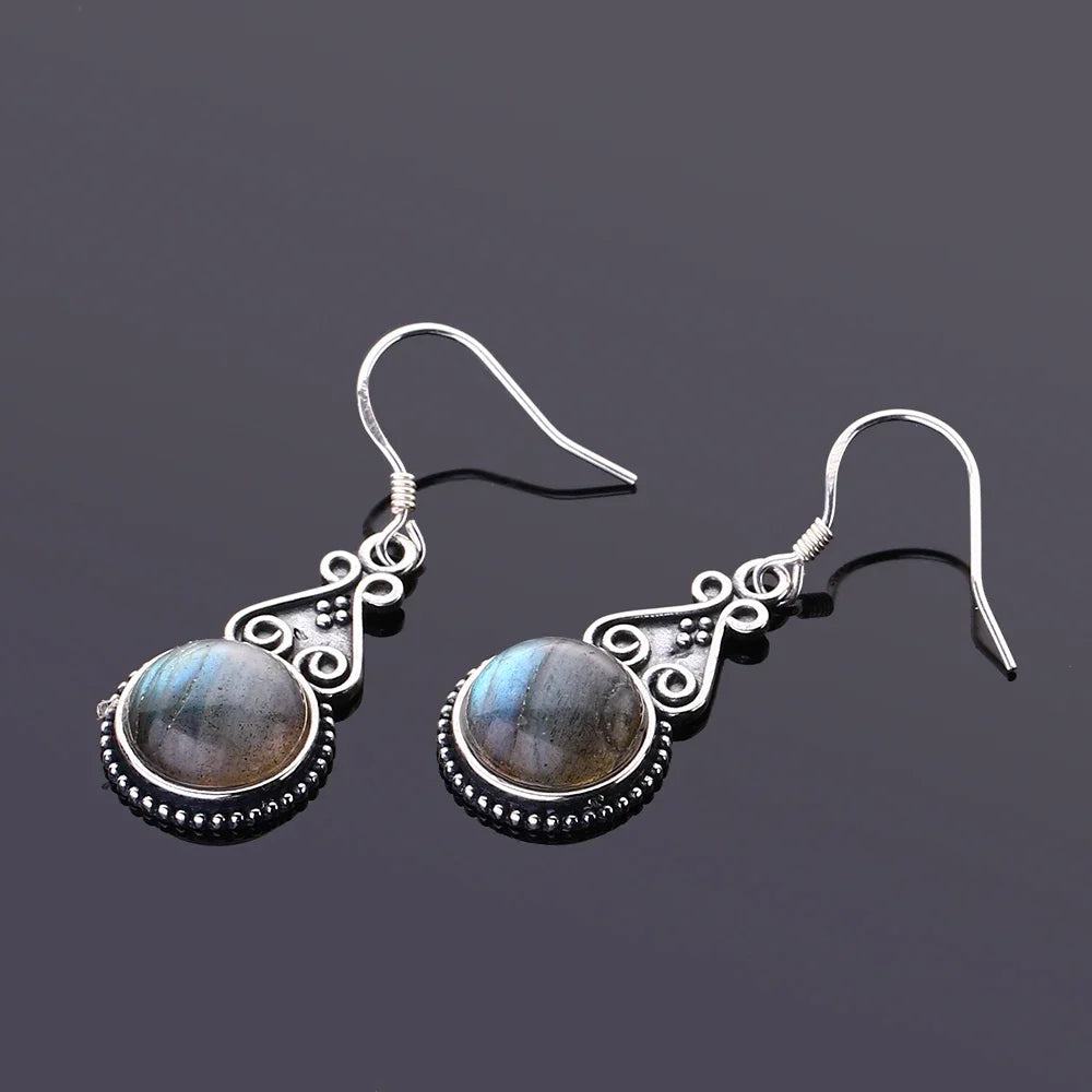 S925 Silver Drop Earring 10MM Labradorite Multicolor Pendant Earrings Engagement Wedding Women Fine Jewelry