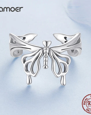 BAMOER Solid 925 Sterling Silver Adjustable Ring, Beautiful Butterfly Open Ring