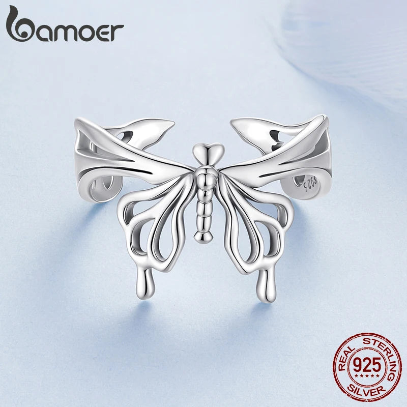 BAMOER Solid 925 Sterling Silver Adjustable Ring, Beautiful Butterfly Open Ring