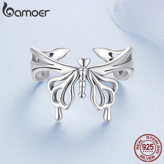 BAMOER Solid 925 Sterling Silver Adjustable Ring, Beautiful Butterfly Open Ring