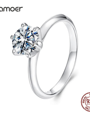 BAMOER 925 Sterling Silver Ring with 1CT, 65mm Solitaire Moissanite Diamond