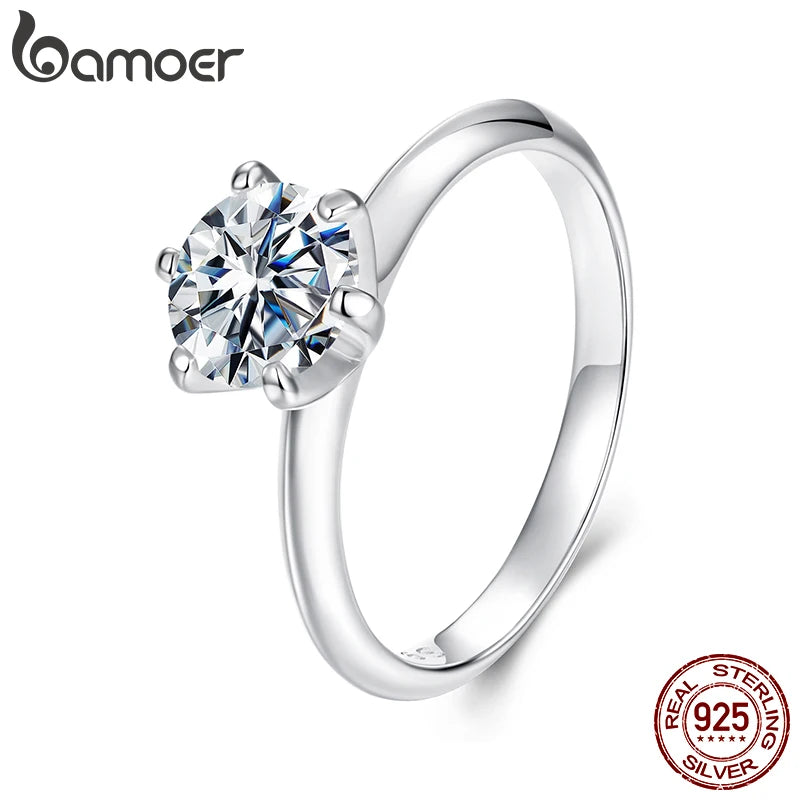 BAMOER 925 Sterling Silver Ring with 1CT, 65mm Solitaire Moissanite Diamond