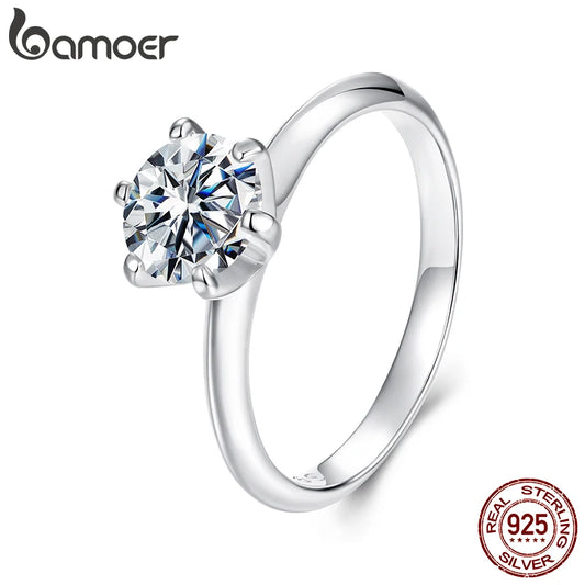 BAMOER 925 Sterling Silver Ring with 1CT, 65mm Solitaire Moissanite Diamond
