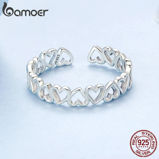 BAMOER 925 Sterling Silver Heart Ring, With or Without Gold Plating. Minimalist, Adjustable and Stackable