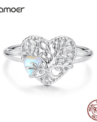 BAMOER 925 Filigree Heart-Shaped Tree of Life Open Ring, with Moonstone