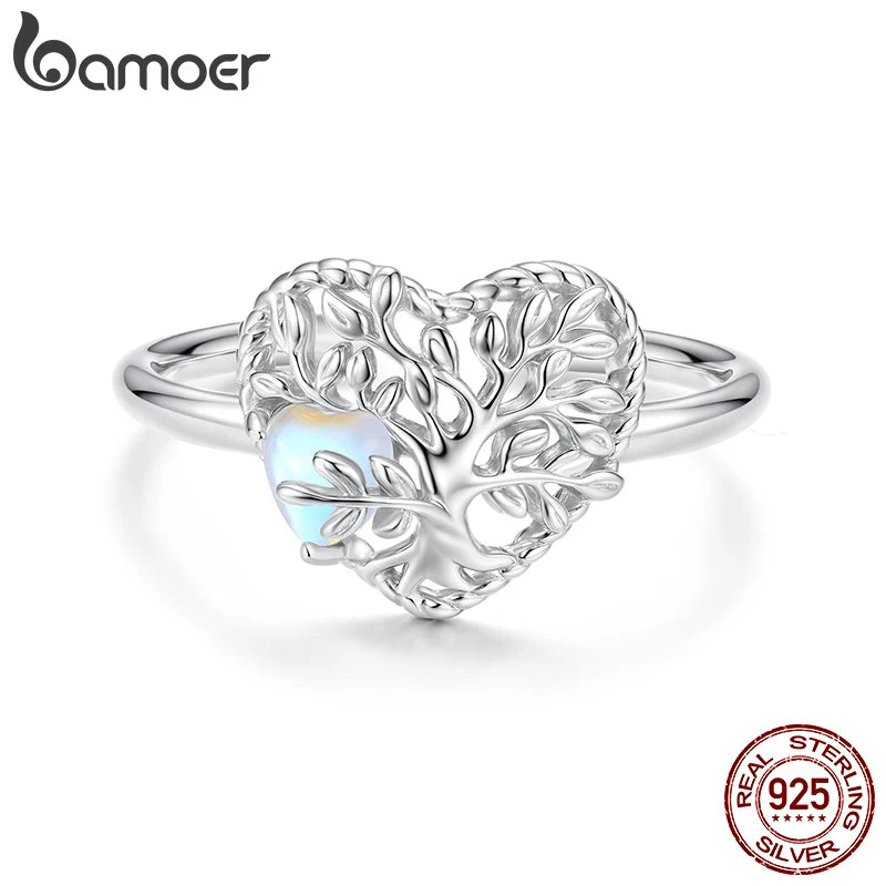 BAMOER 925 Filigree Heart-Shaped Tree of Life Open Ring, with Moonstone