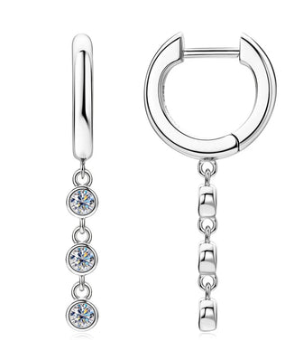 Elegant, Round Cut Moissanite Drop Earrings. 925 Sterling Silver, Plated with 18k Yellow or White Gold
