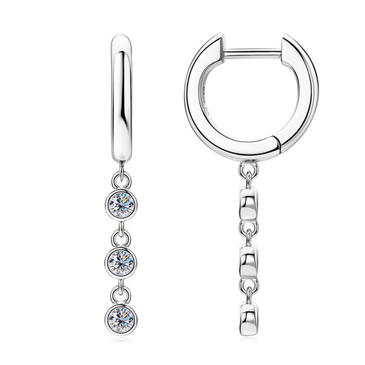 Elegant, Round Cut Moissanite Drop Earrings. 925 Sterling Silver, Plated with 18k Yellow or White Gold