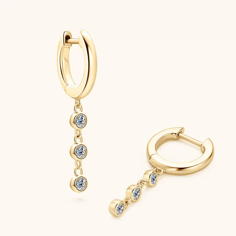 Elegant, Round Cut Moissanite Drop Earrings. 925 Sterling Silver, Plated with 18k Yellow or White Gold