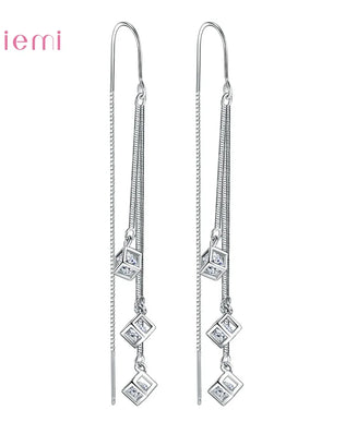 925 Sterling Silver Jewelry New Fashion Hot Sale Square Cube Cubic Zircon Stone Tassel Pendientes Earrings for Women Girls