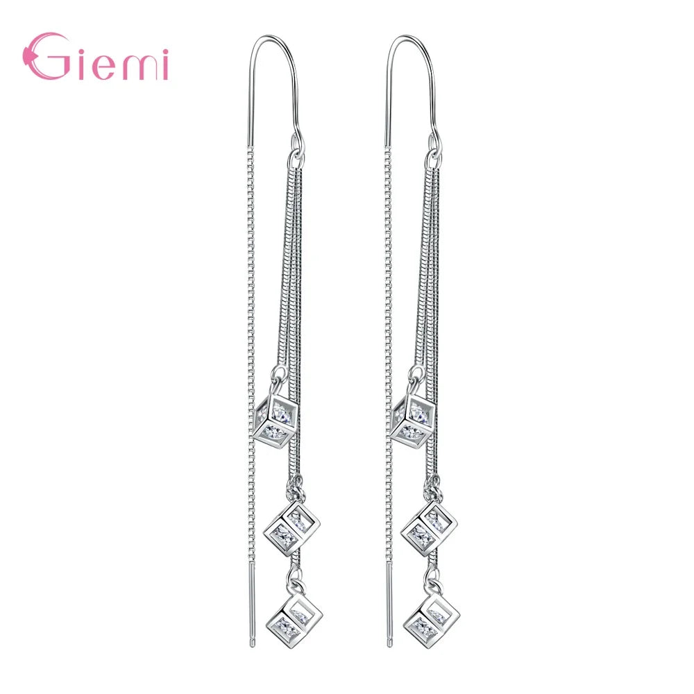 925 Sterling Silver Jewelry New Fashion Hot Sale Square Cube Cubic Zircon Stone Tassel Pendientes Earrings for Women Girls
