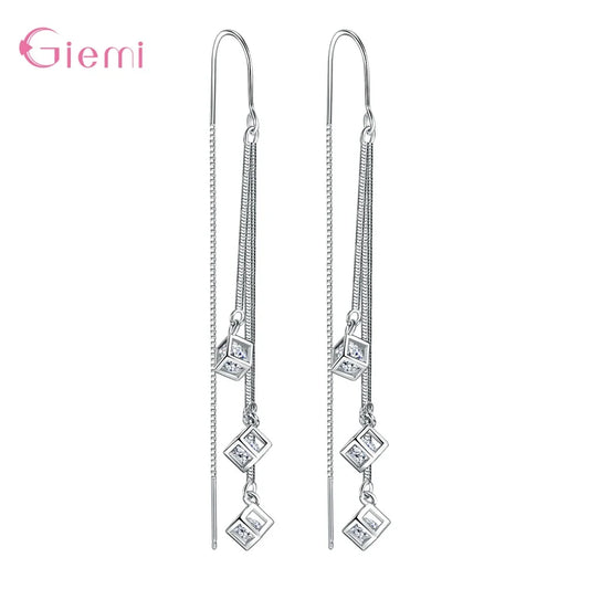 925 Sterling Silver Jewelry New Fashion Hot Sale Square Cube Cubic Zircon Stone Tassel Pendientes Earrings for Women Girls