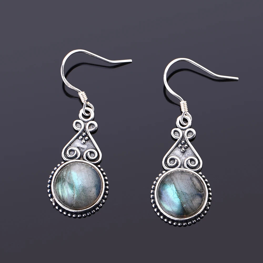 S925 Silver Drop Earring 10MM Labradorite Multicolor Pendant Earrings Engagement Wedding Women Fine Jewelry