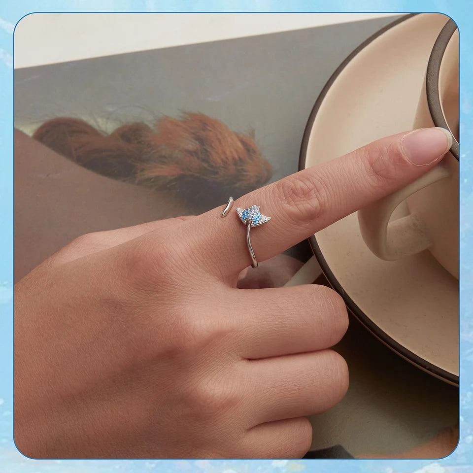 BAMOER 925 Sterling Silver Stacking Ring, With Manta Ray in CZs, Adjustable, Open Ring